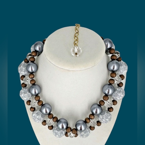 Lenora Dame Jewelry - Anthropologie Lenora Dame Faux Grey Pearl Faceted Marble & Bronze Beads Necklace